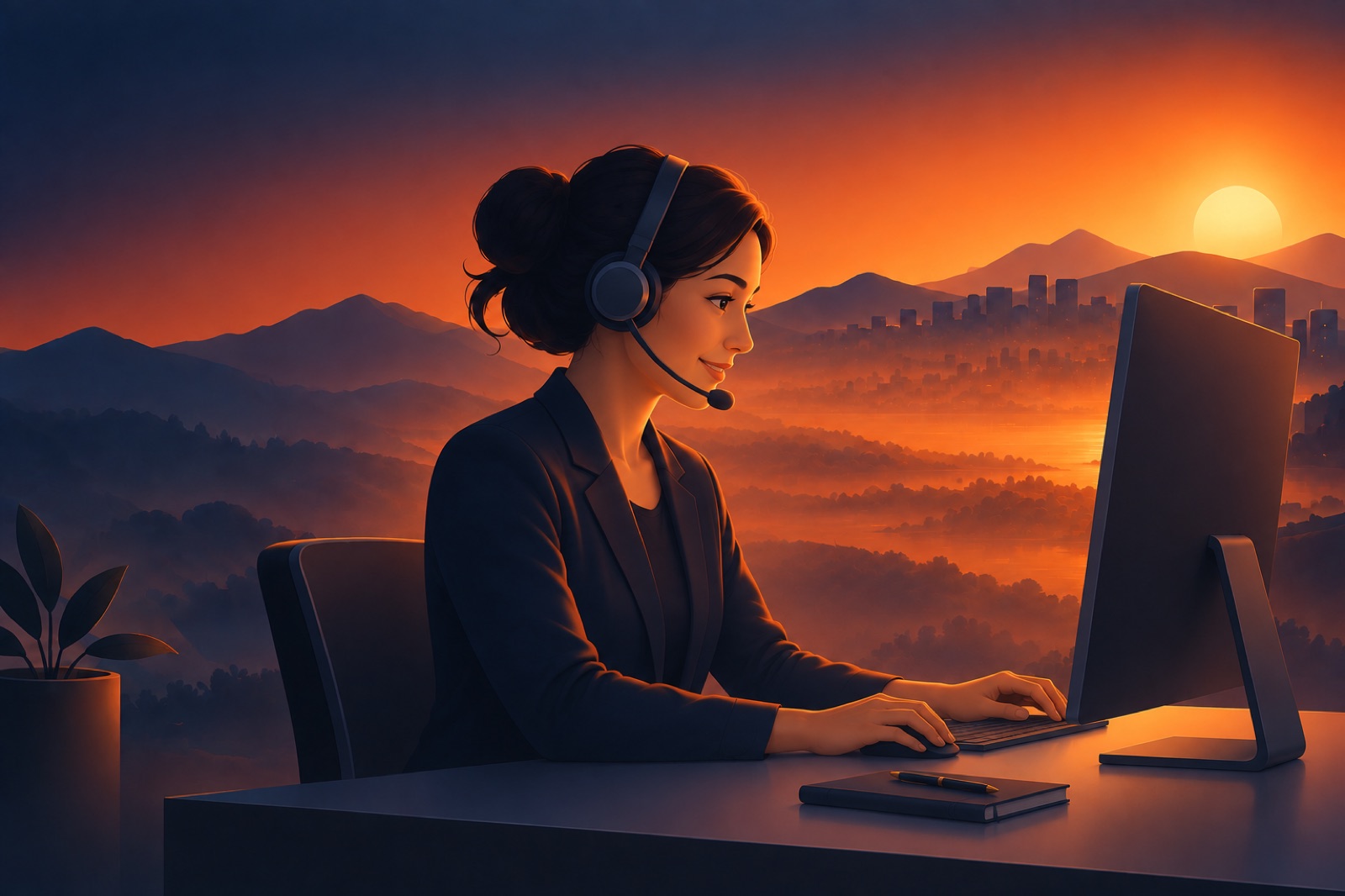 A support agent at a desk, headset on, working at a monitor at dusk