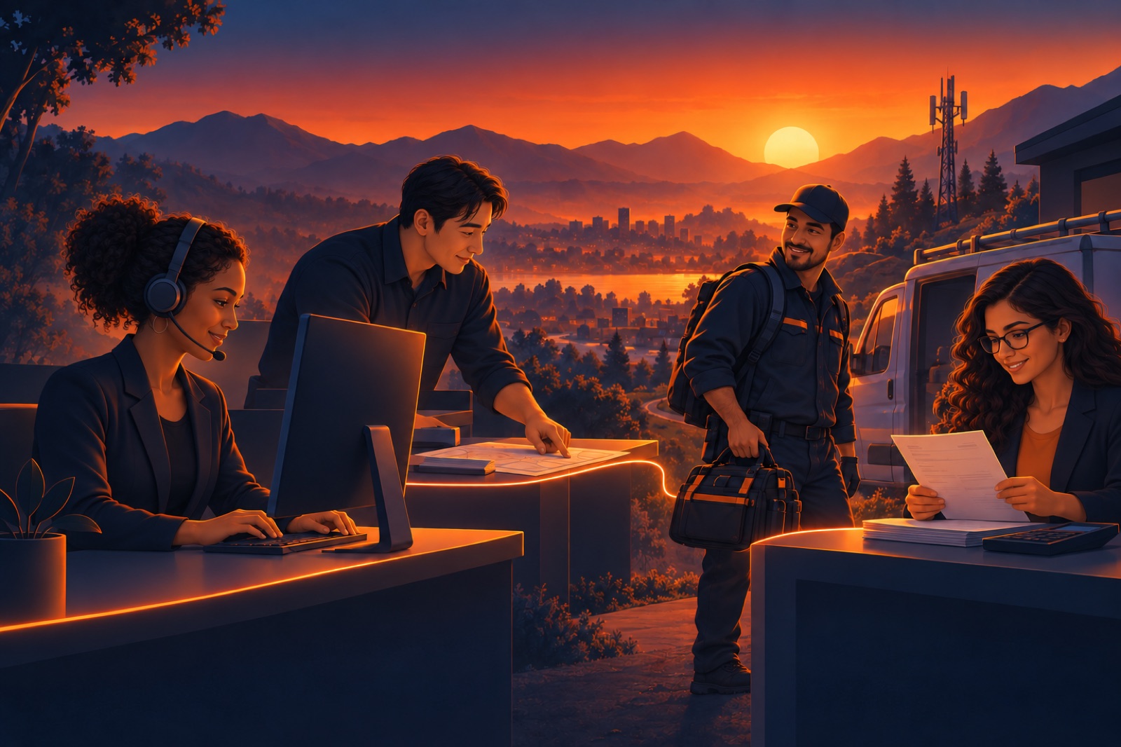 Support, dispatch, a field technician and billing working from one record at dusk